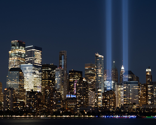 stock photo of New York City skyline with World Trade Center lights